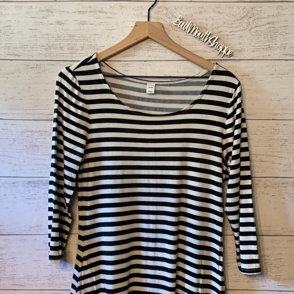 Old Navy Black White Stripe Jersey Knit Stretch Cotton Midi Dress with Pockets - Picture 2 of 12